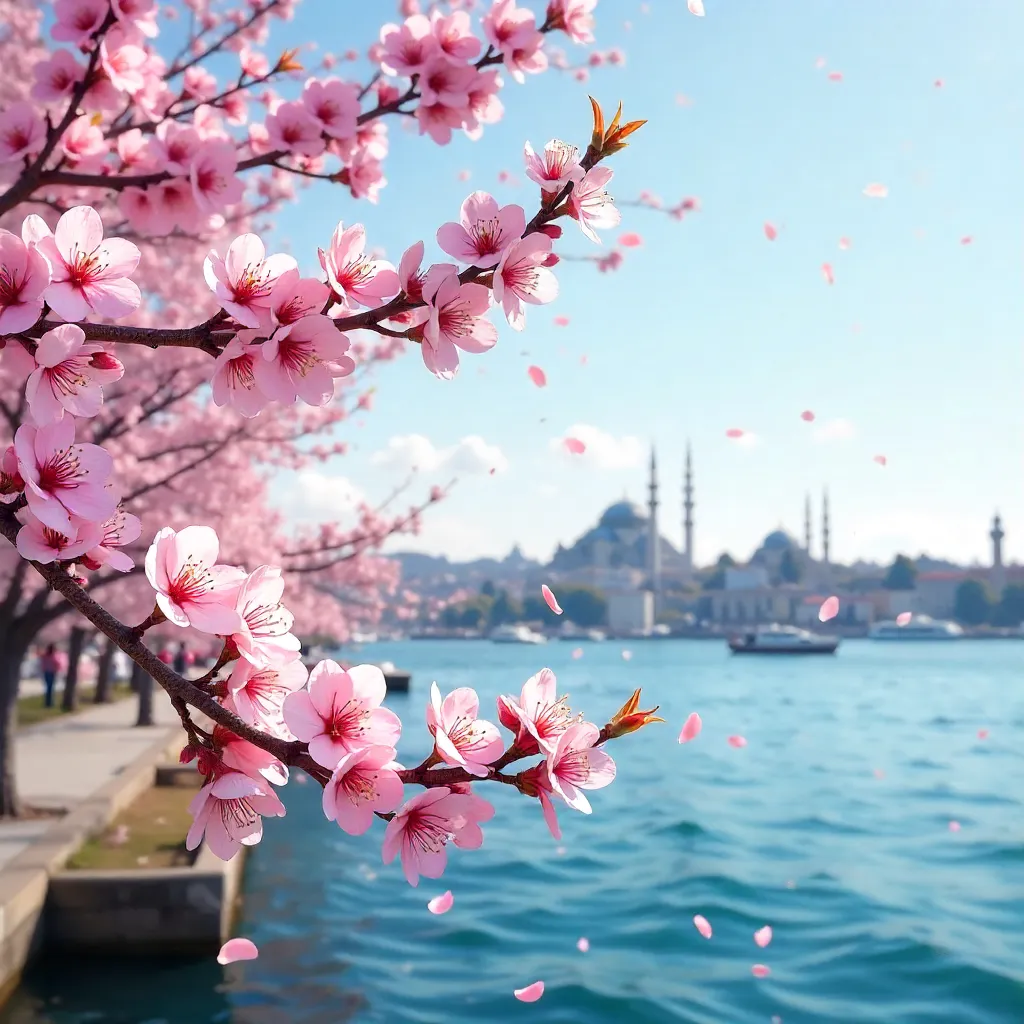 Cherry Blossoms over Istanbul's Bosphorus: Spring Scene