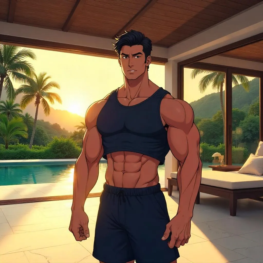 Muscular Asian Hero in a Luxury Villa — Anime Style