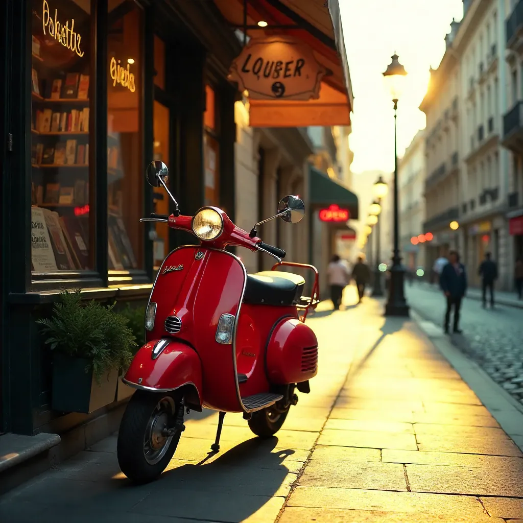 Red Vintage Scooter by a Sunlit Bookstore