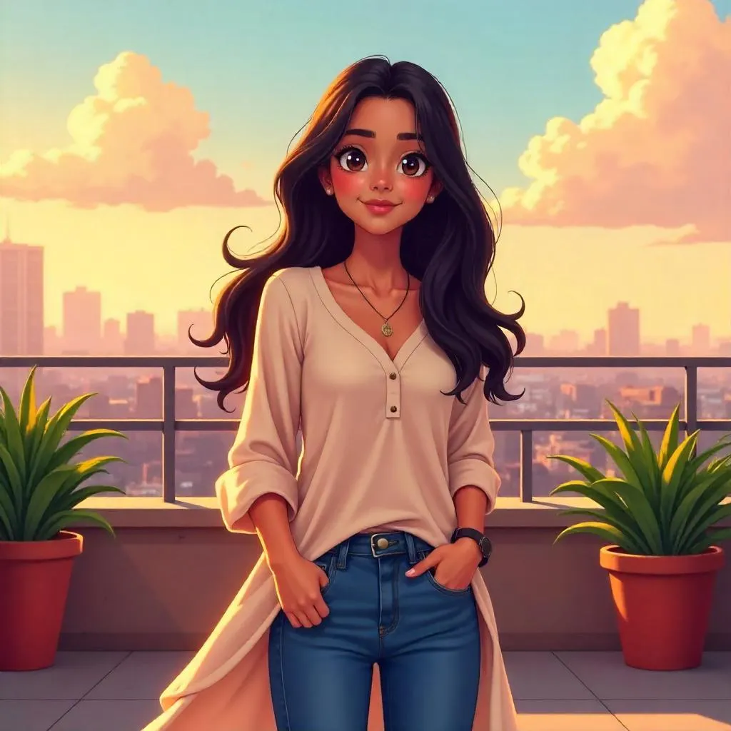 Anime Indian Woman on a Sunny Terrace