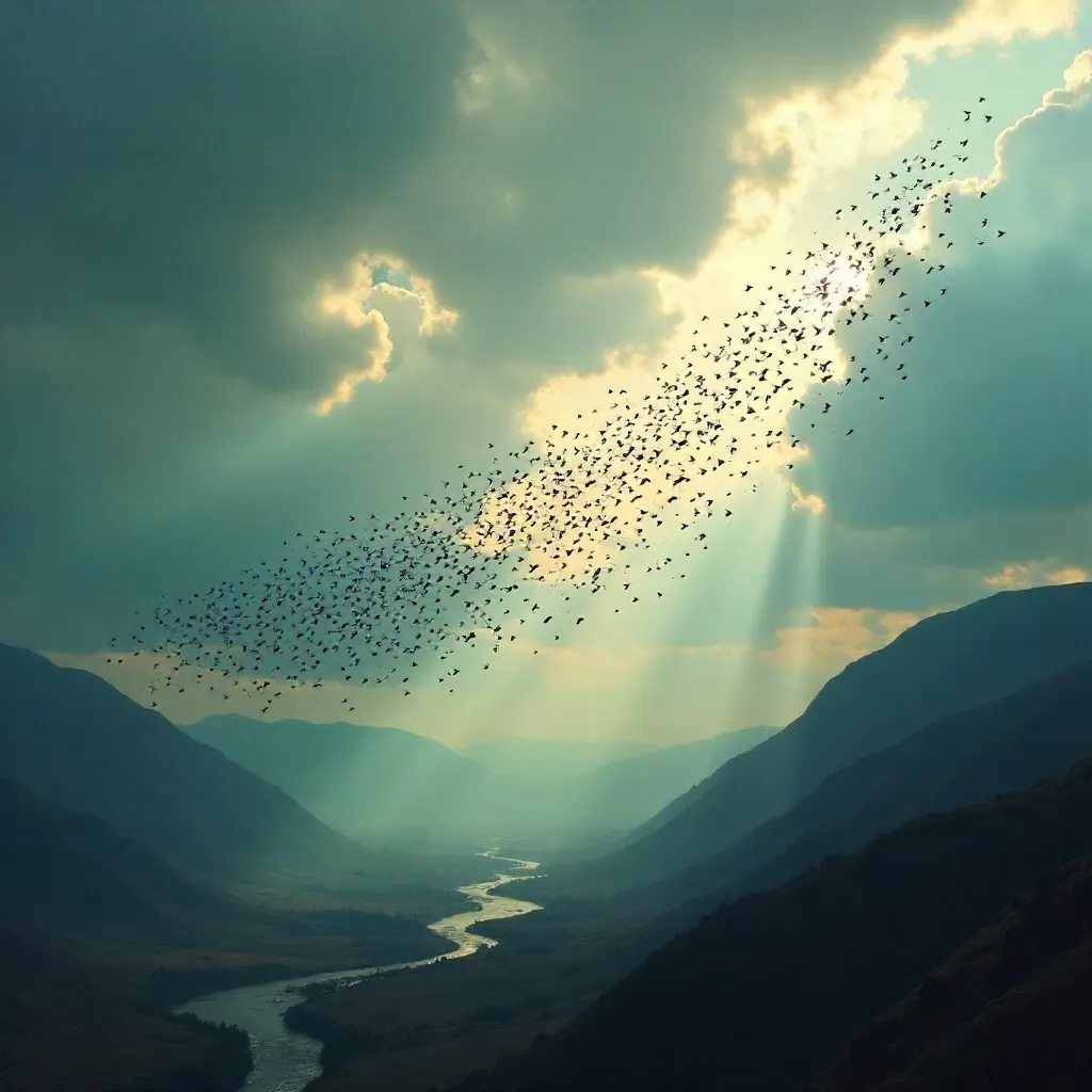 Flock of Migrating Birds Against a Moody Sky