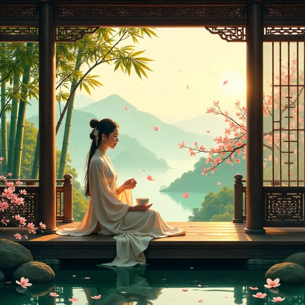 Serene Moment in a Traditional Asian Pavilion