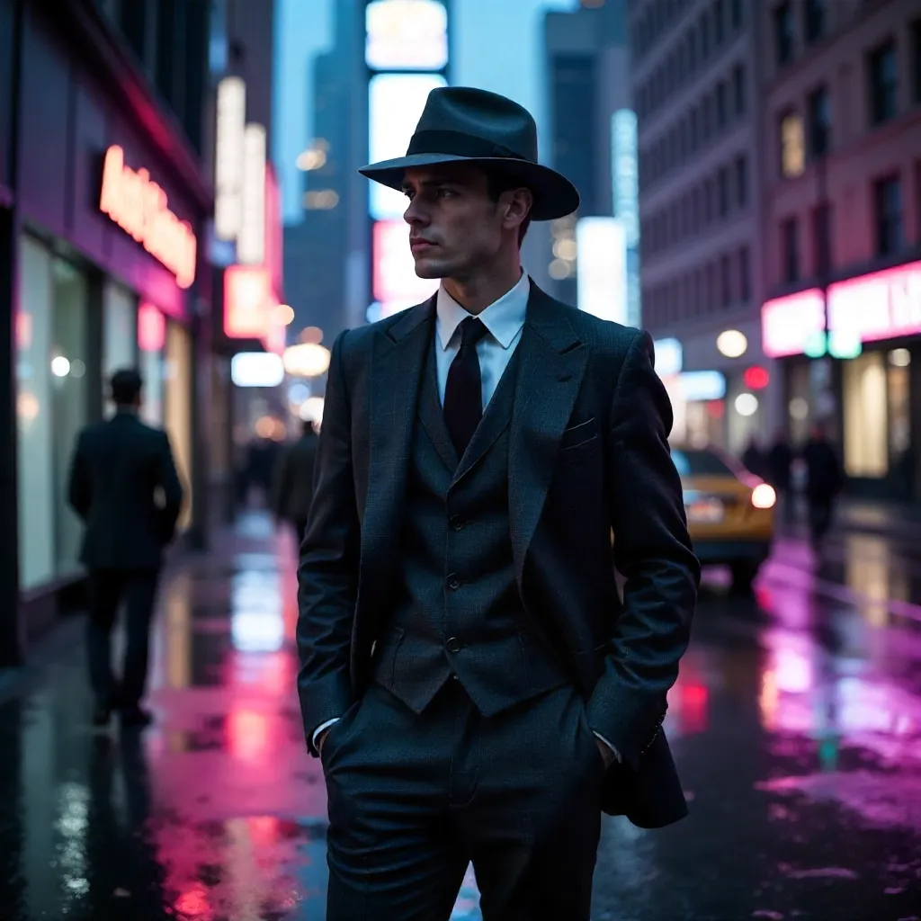 Pensive Young Man in a Suit and Fedora on Neon Streets