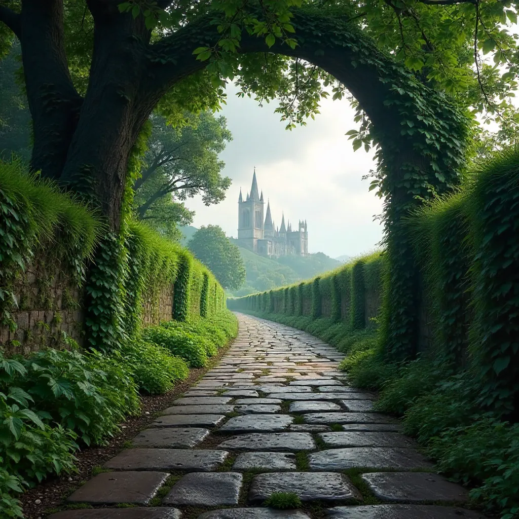 Lush Green Walkway Toward Distant Spired Horizon