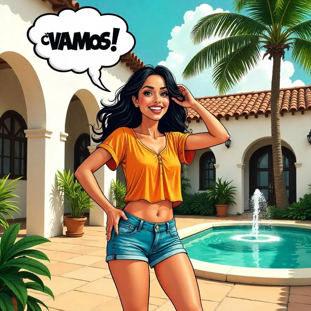 Cheerful Latina Hero in a Sunny Villa - Comic Style