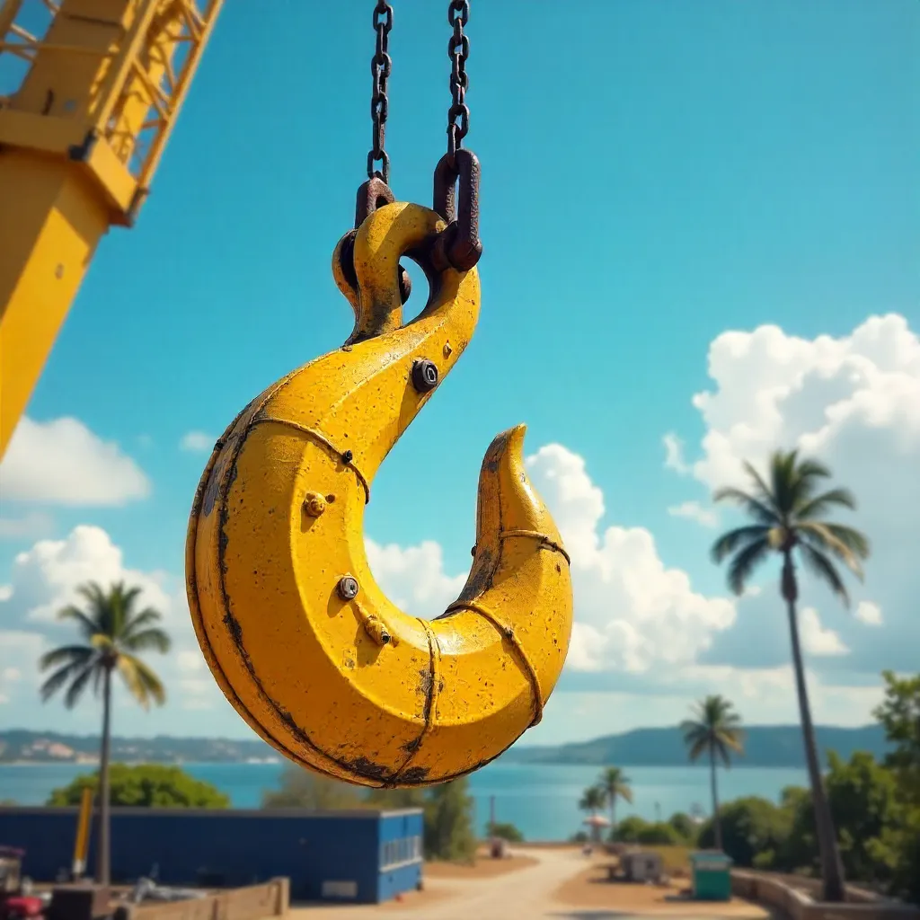 Yellow crane hook suspended in Pará sky above clouds