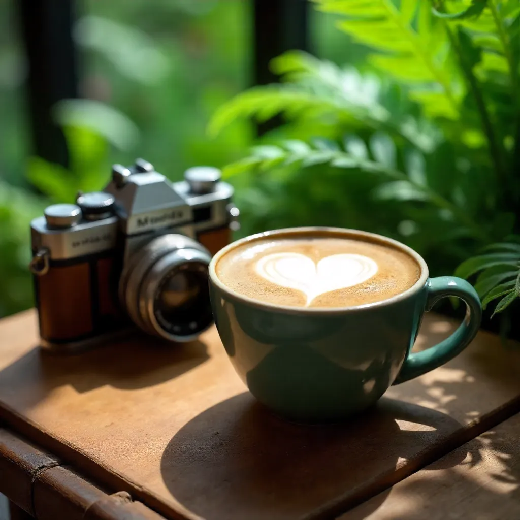 Latte Art with Vintage Camera in Greenery