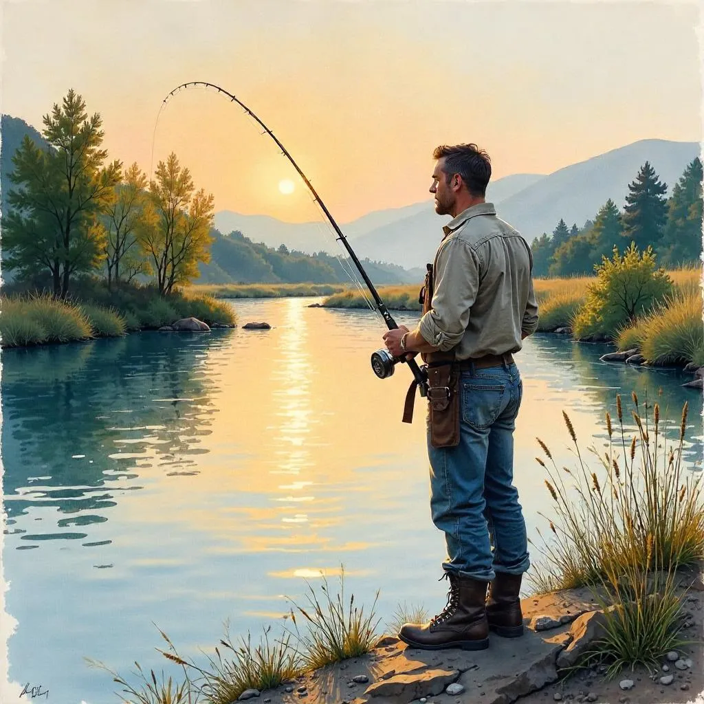 Muscular White Man Fishing at a Riverside in Watercolor