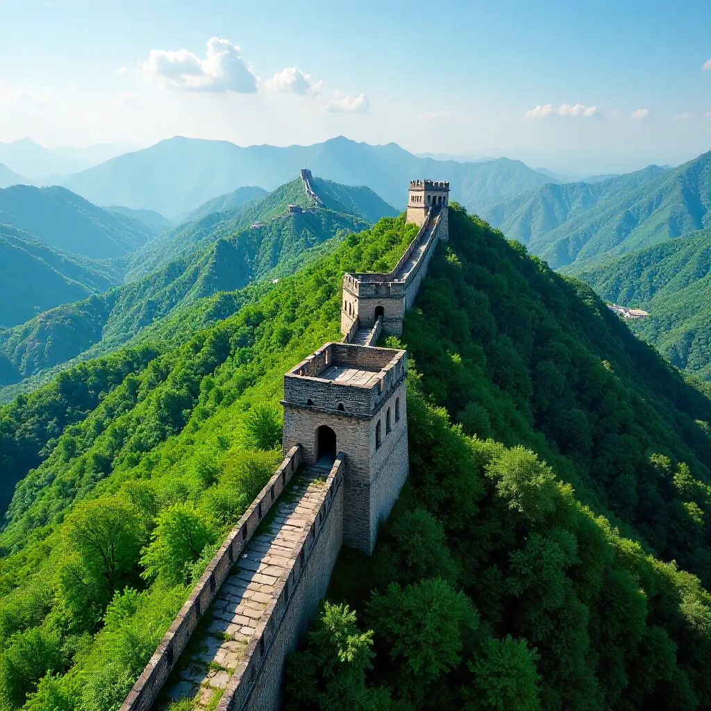 Aerial View: Great Wall Winding through Verdant Hills