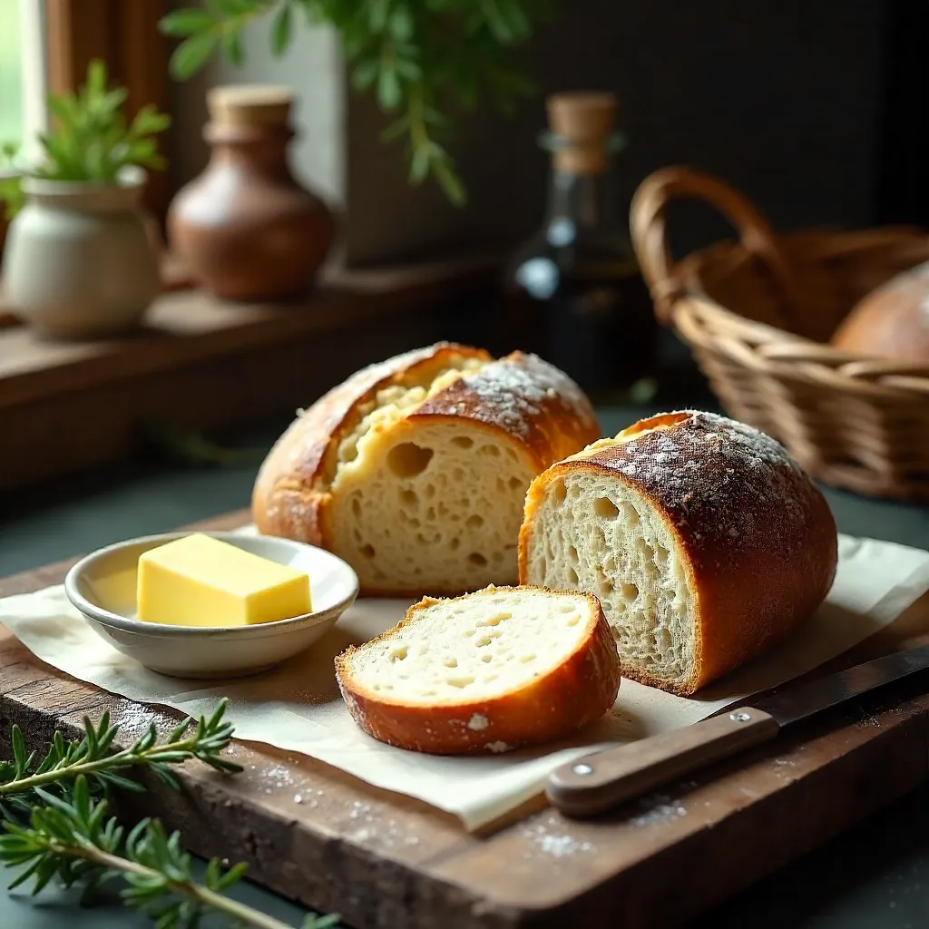 Golden sourdough loaf with butter on a rustic table