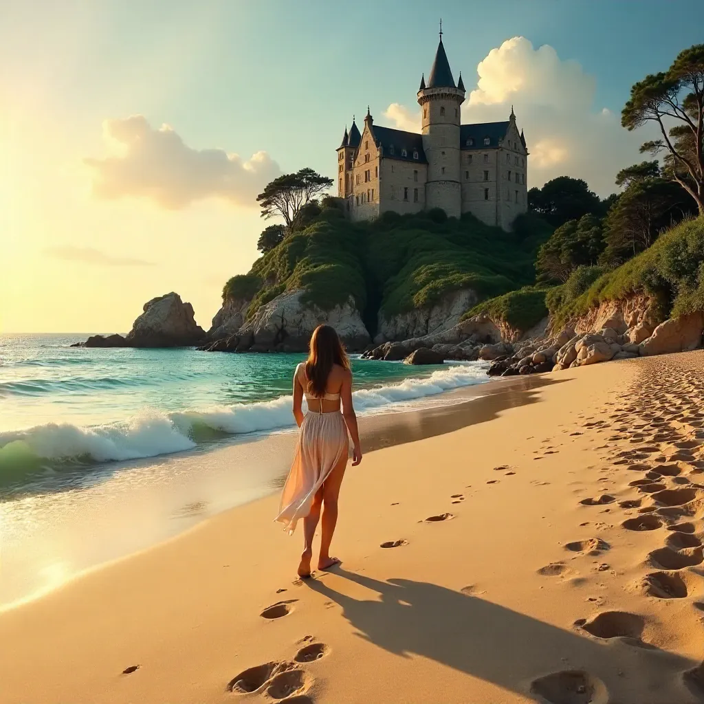 Woman Walking on Beach Toward Hilltop Castle