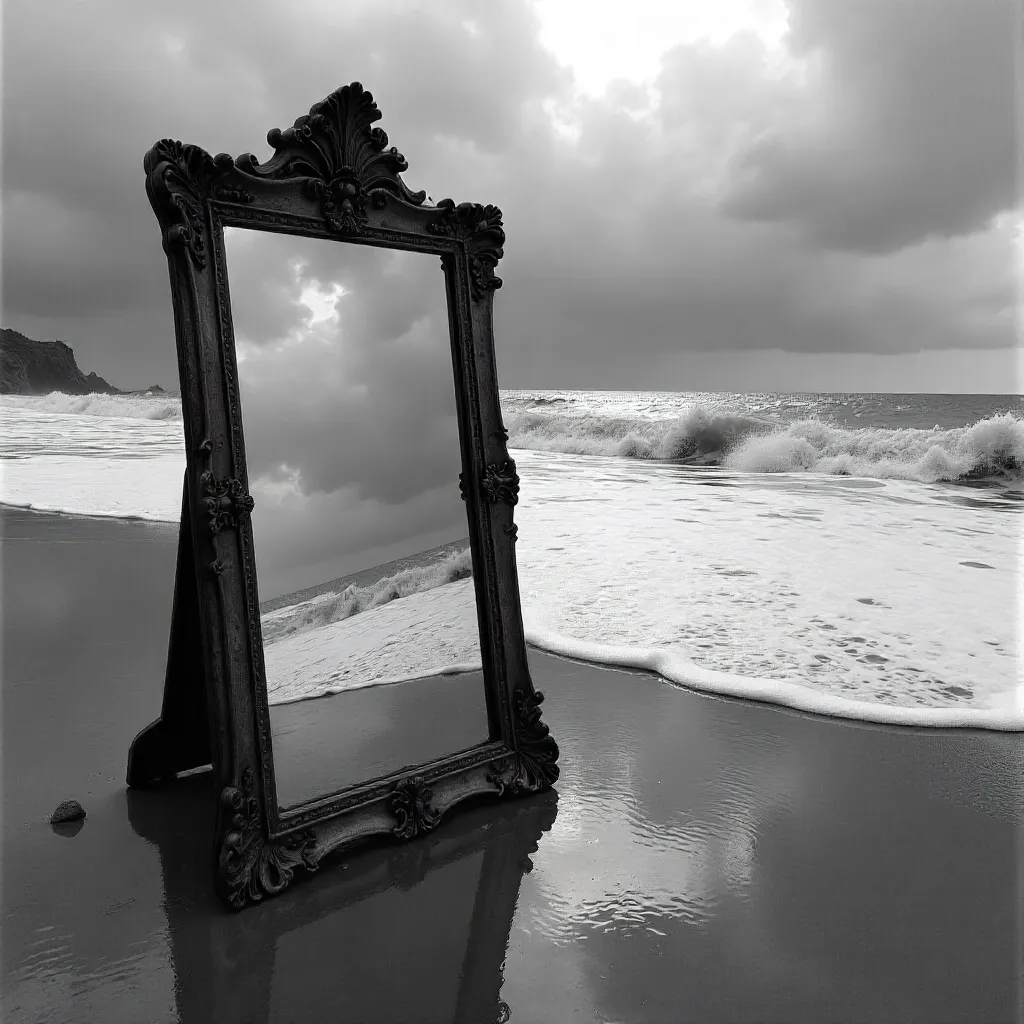 Dramatic Black and White Beach Mirror Reflection