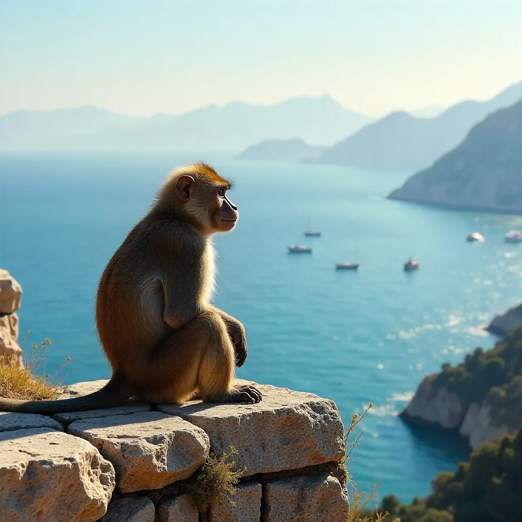 Barbary macaque on a wall above Gibraltar Bay