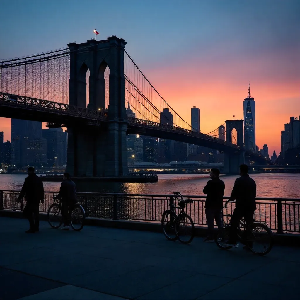 Silhouetted Pedestrians and Cyclist Under Manhattan Bridge