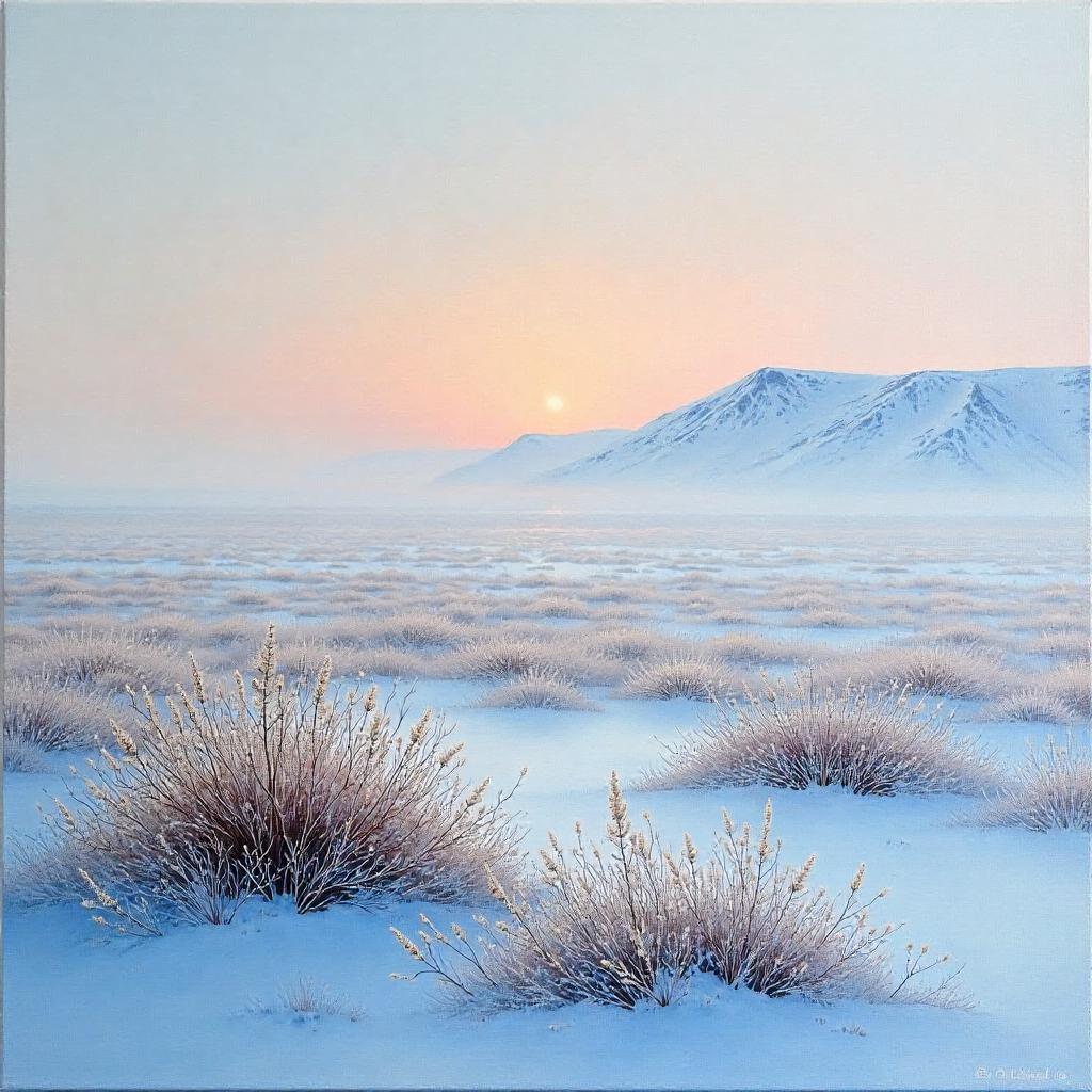 Dawn Mist over the Arctic Tundra - An Oil Painting