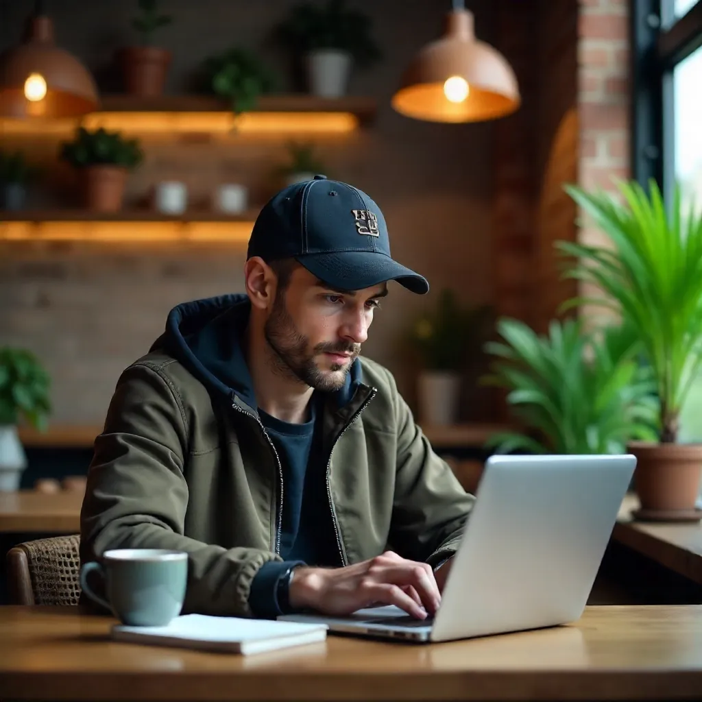 Young Man in a Cozy Cafe Working on Laptop