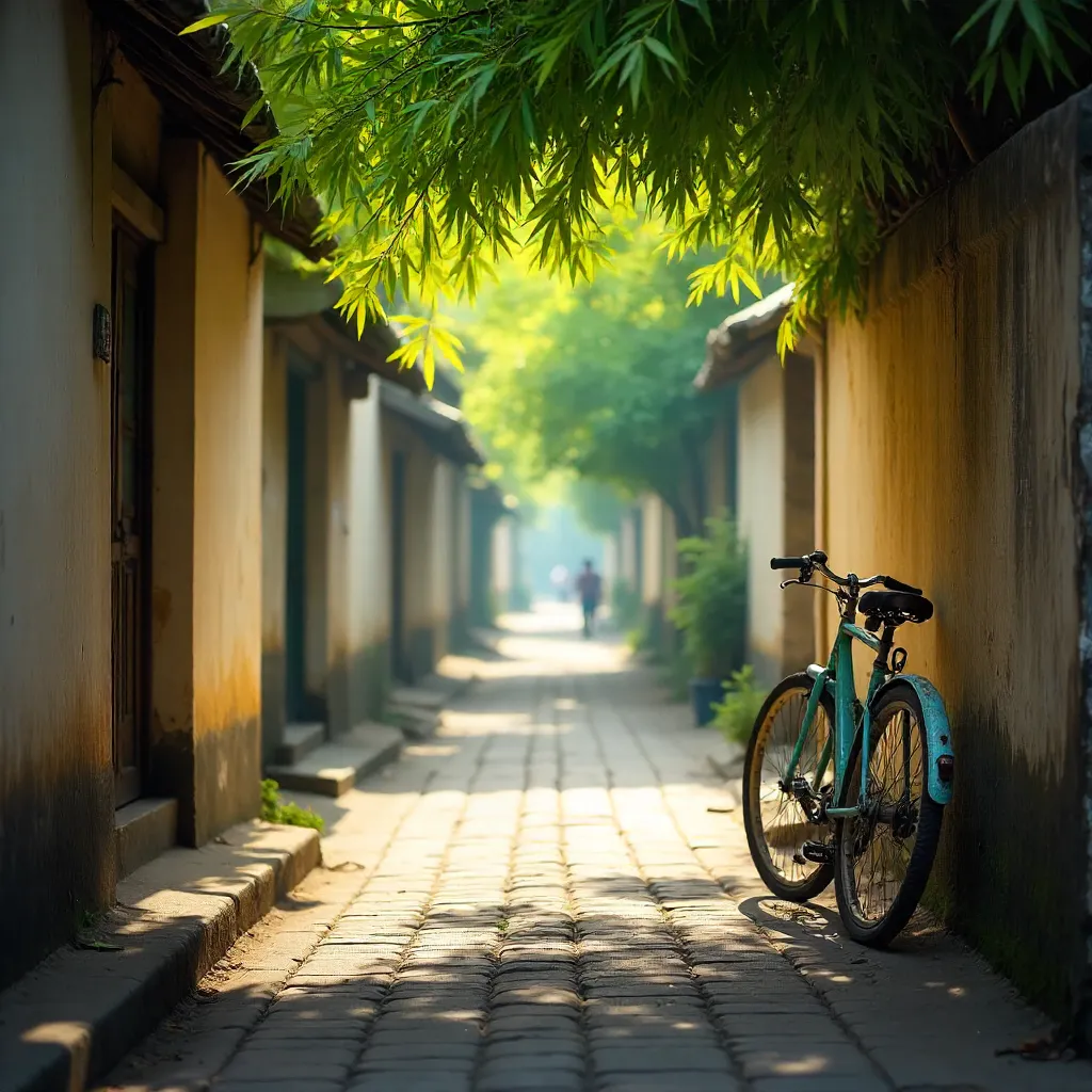 Tranquil Hanoi Alley: Bamboo, Bicycle, Soft Light