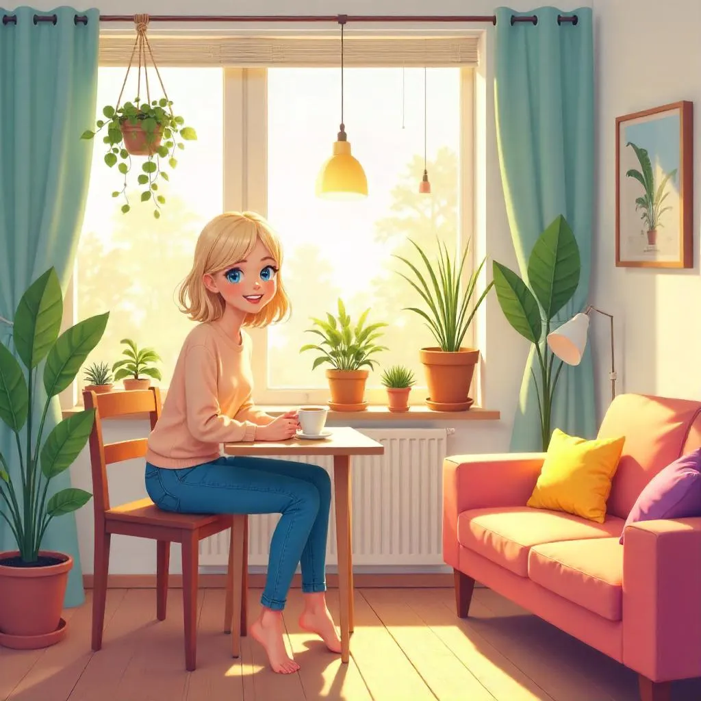 Cheerful Anime Woman in a Cozy Apartment