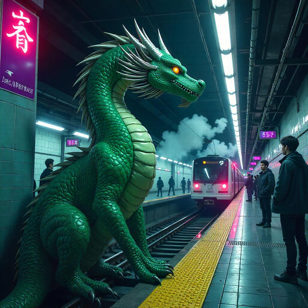 Neon Dragon on the Subway Platform