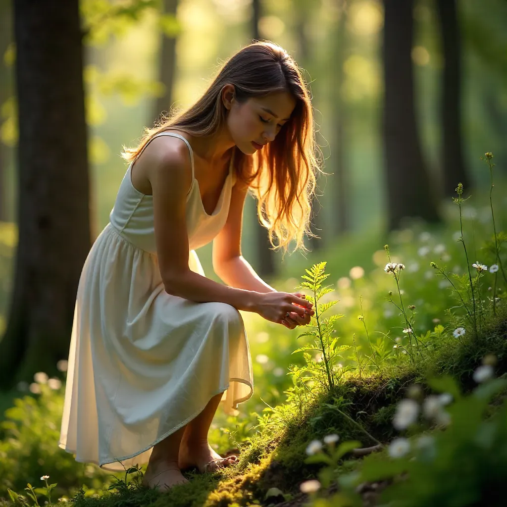Sunlit Forest Study: Young Woman in White Dress