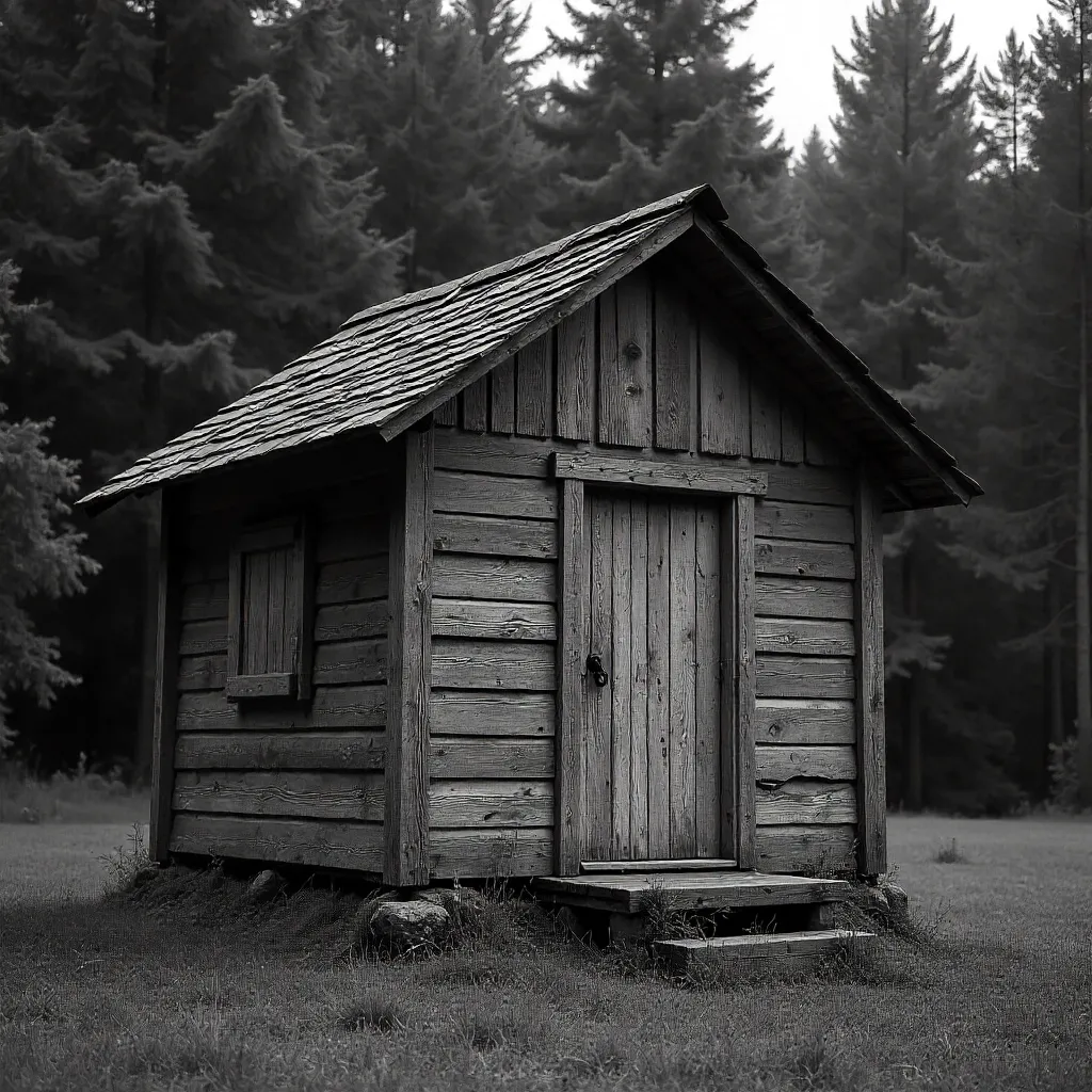 Monochrome Rustic Hut in a Forest Glade