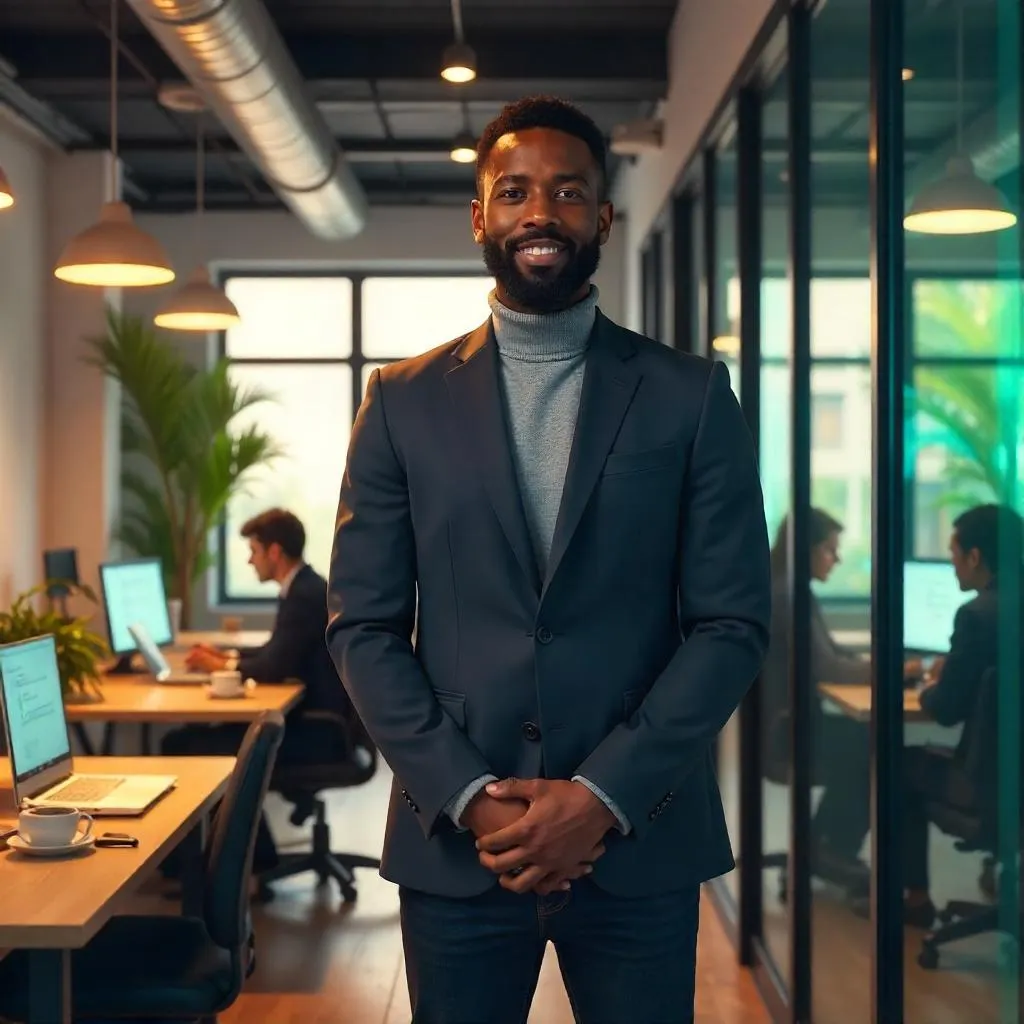 Confident Black Man in a Futuristic Coworking Space