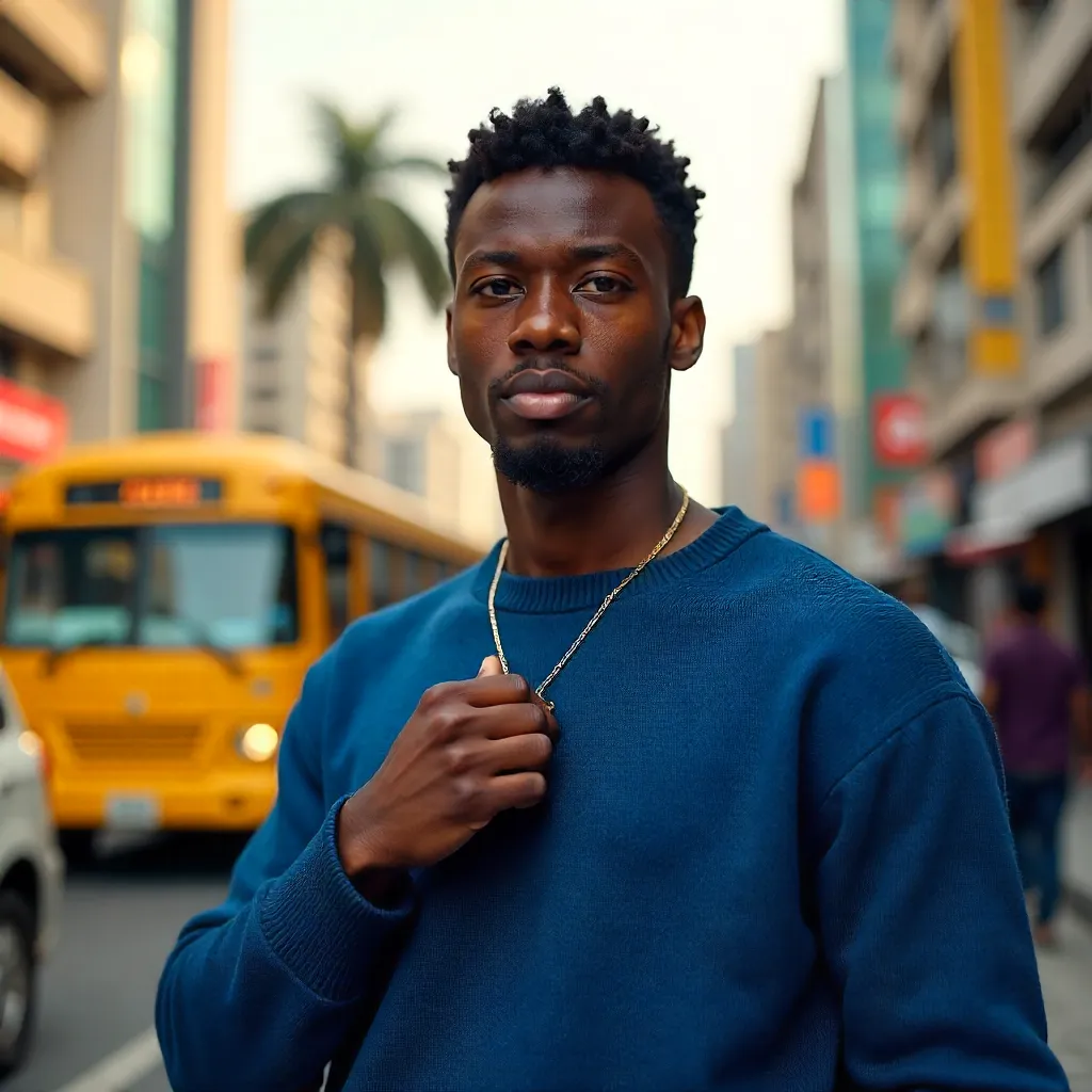 Confident Lagos Youth in Blue Sweater Adjusting Necklace
