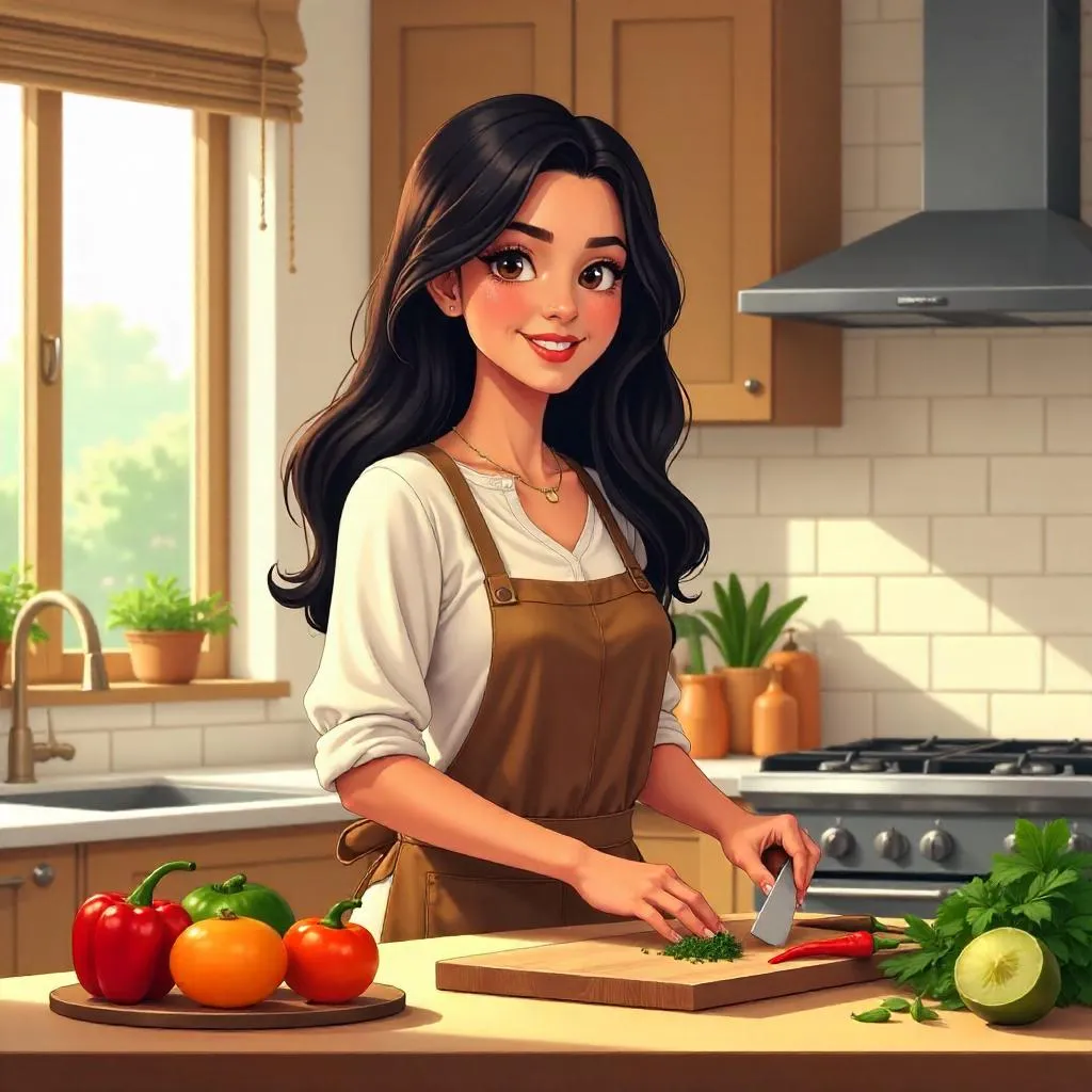 Latina Woman in a Cozy Anime Kitchen
