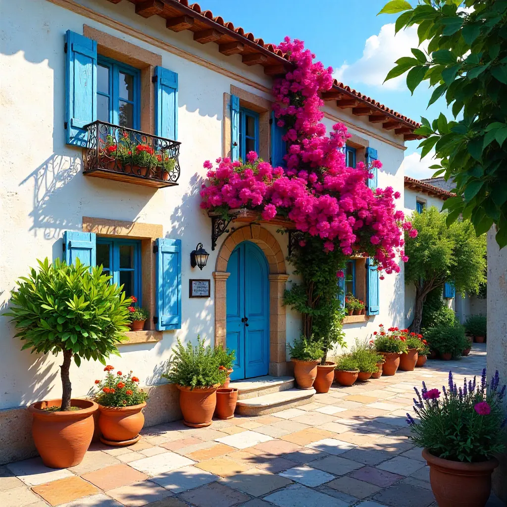 Sunlit Mediterranean Villa Facade with Bougainvillea