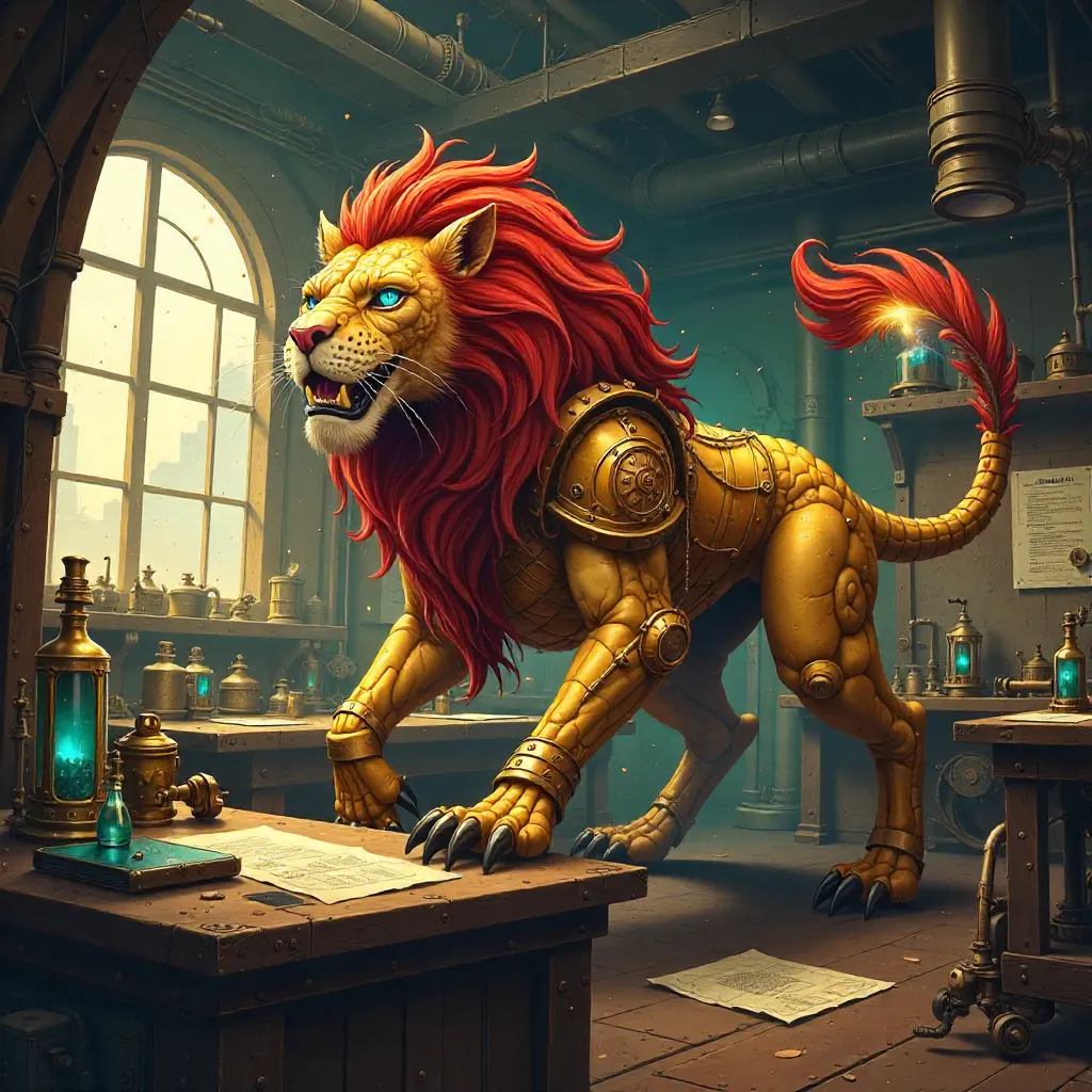 Manticore in a Brass Steampunk Workshop