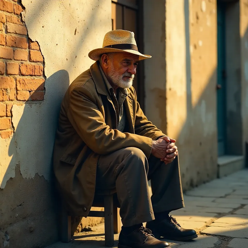 The Reflective Elderly Man by a Textured Wall