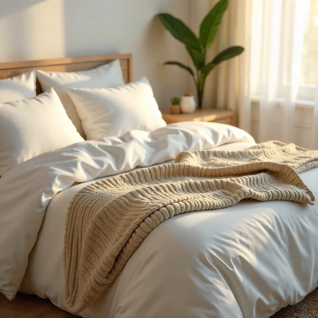 Cozy White Bedding Bedroom with Beige Sweater