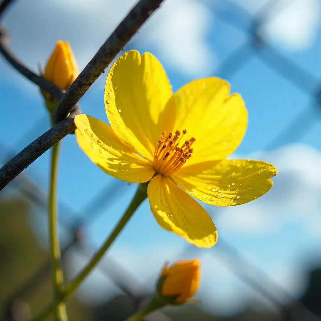 Bright Yellow Bloom on a Chain-Link Fence