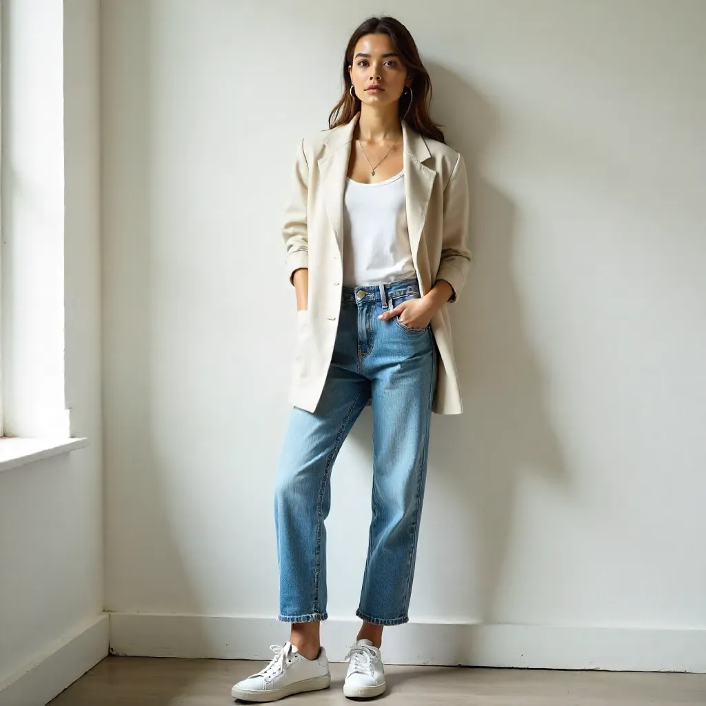 Casual Chic Pose by a White Studio Wall