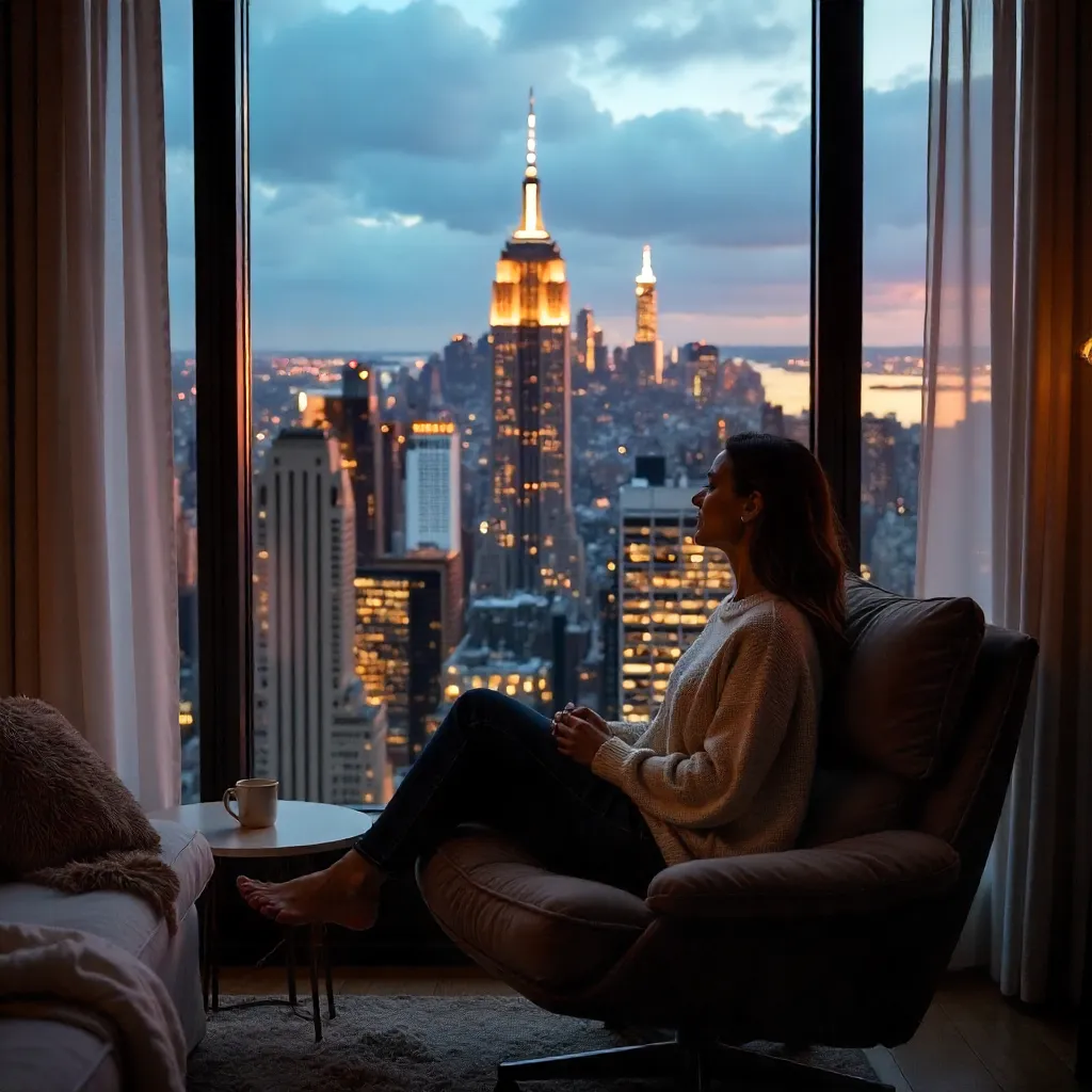 Window View: Woman by NYC Skyline and Empire State