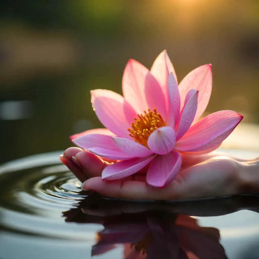 Close-Up of a Hand Holding a Pink Flower Over Serene Water