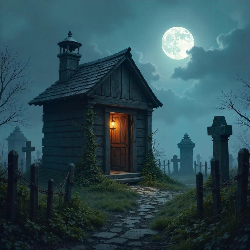 Moonlit Graveyard Hut: A Digital Nightscape