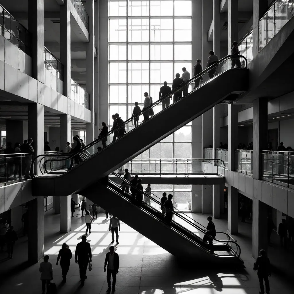 Intersecting Escalators in a Modern Atrium (B&W)