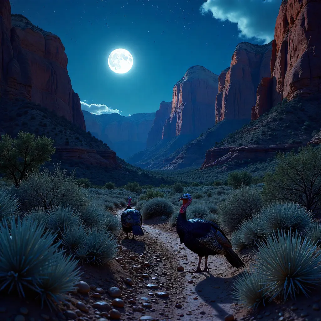 Moonlit Turkeys over Zion's Red Rock Canyon