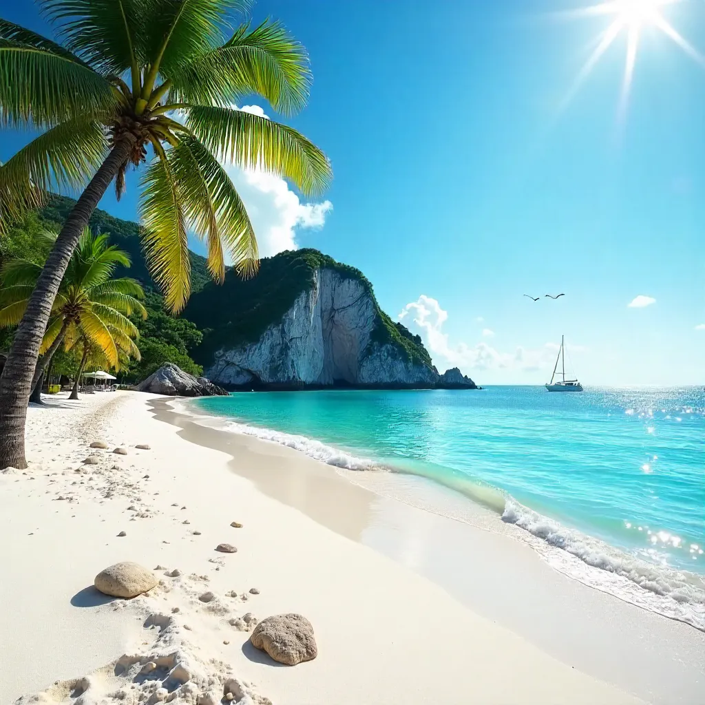 Serene Beach and Rocky Island Under Bright Sky