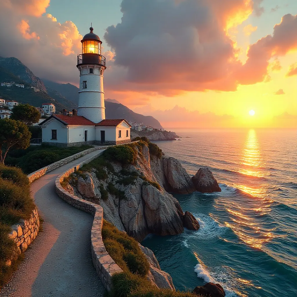 Sunset Lighthouse Over the Mediterranean Sea