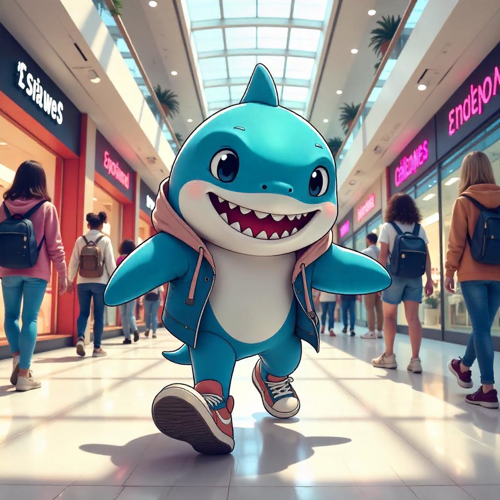 Anime Shark in a Lively Shopping Mall Scene