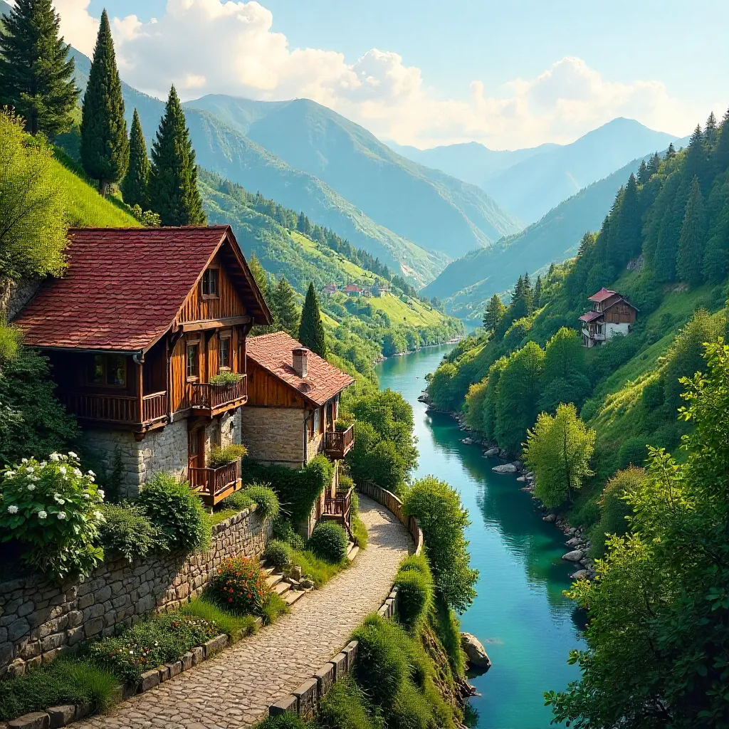 Quaint Houses on Artvin's Rolling Hills Panorama