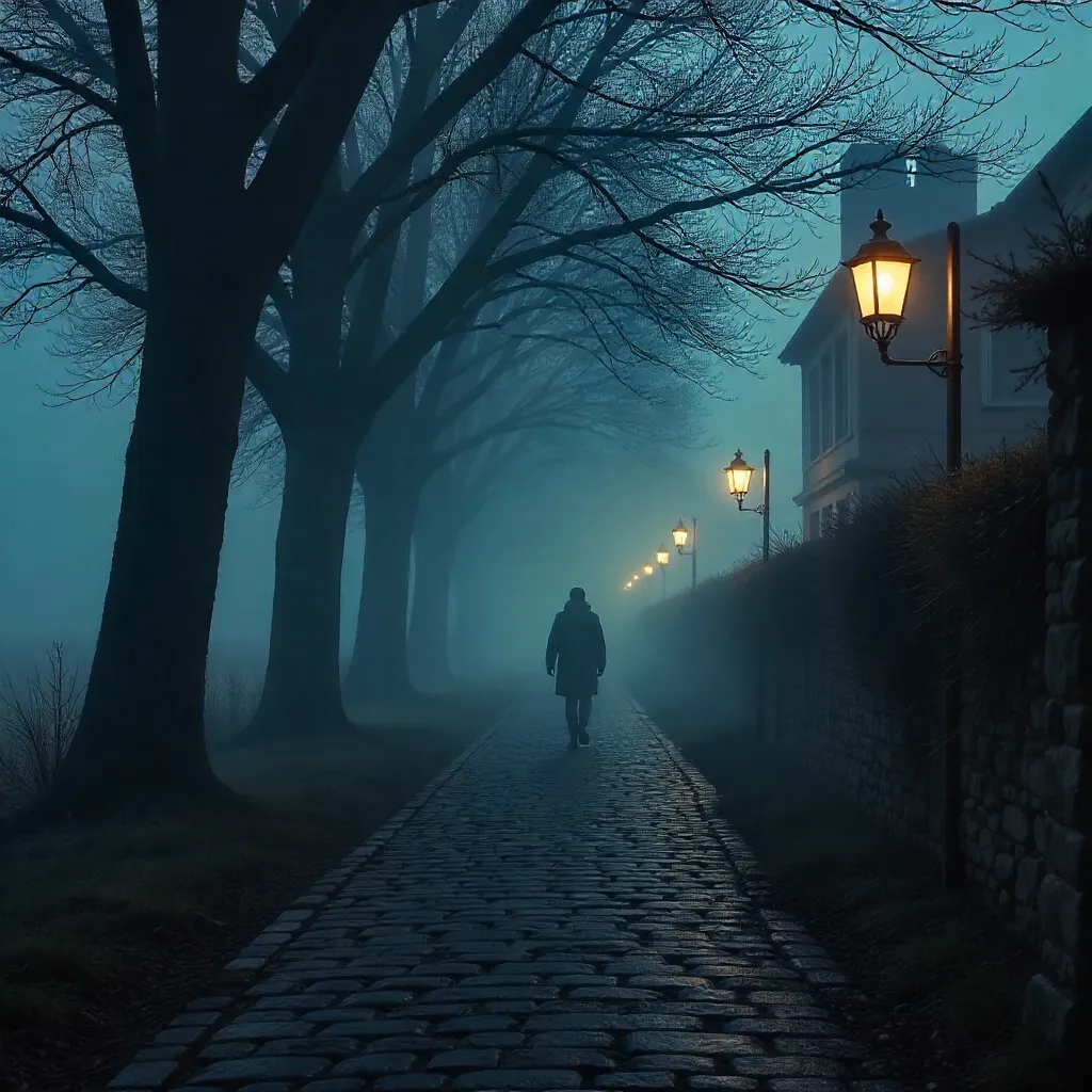 Shadow Walking: A Lone Figure on a Winding Cobblestone Path
