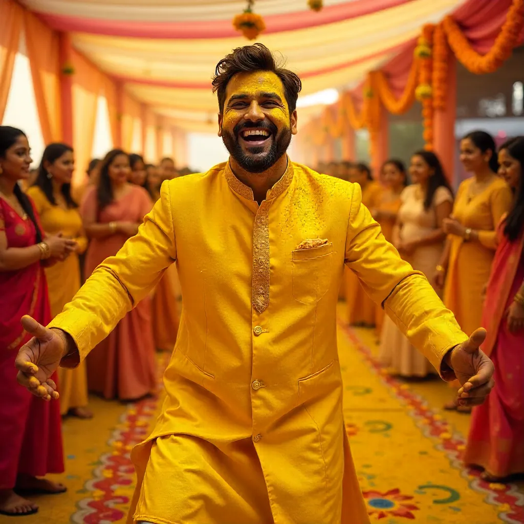 Joyful Turmeric-Dusted Man at Haldi Ceremony