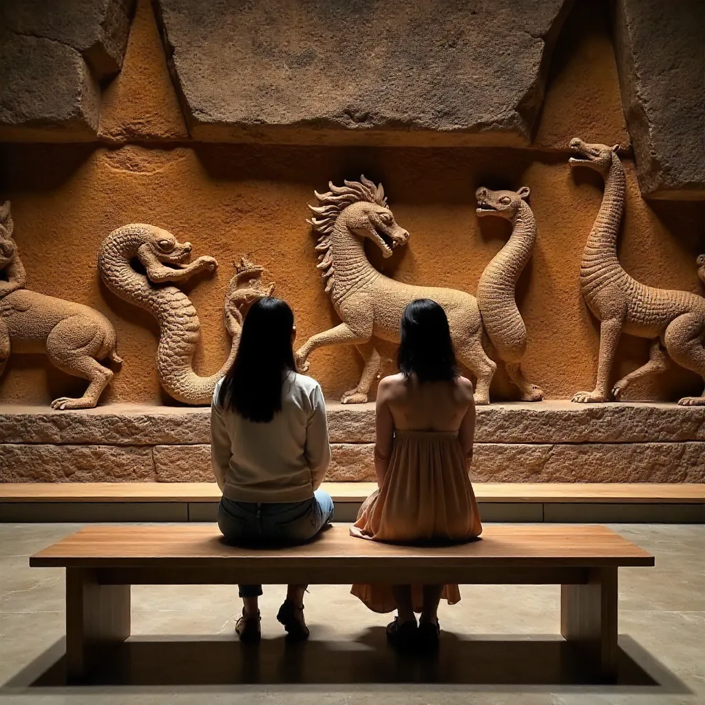 Two Women Beside Cambodian Stone Carvings in a Gallery