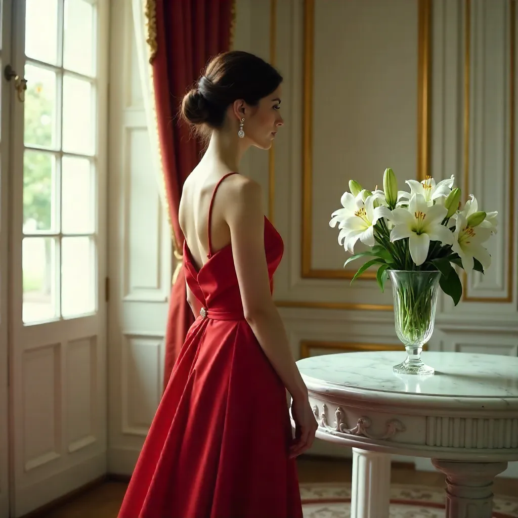 Elegance in Red: Lilies in a Classical Salon
