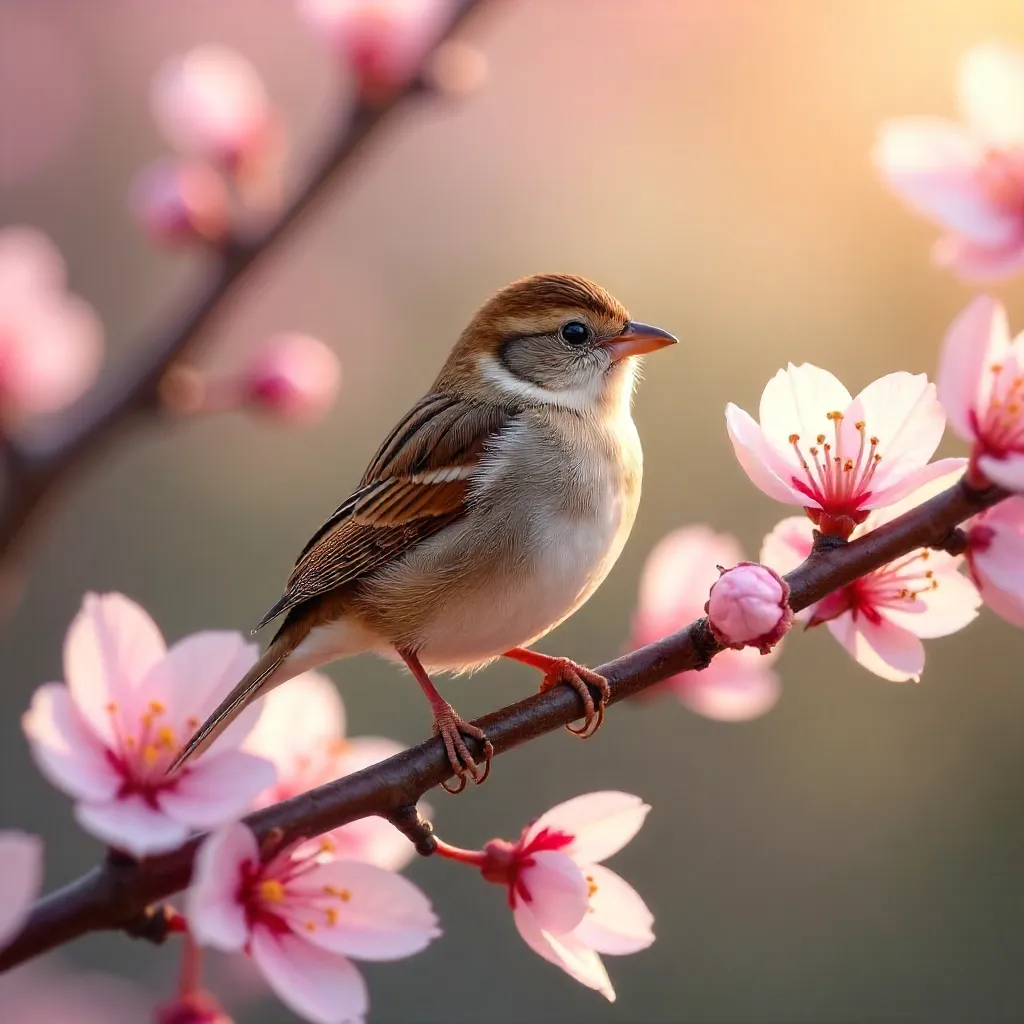 Charmed Sparrow Among Spring Cherry Blossoms