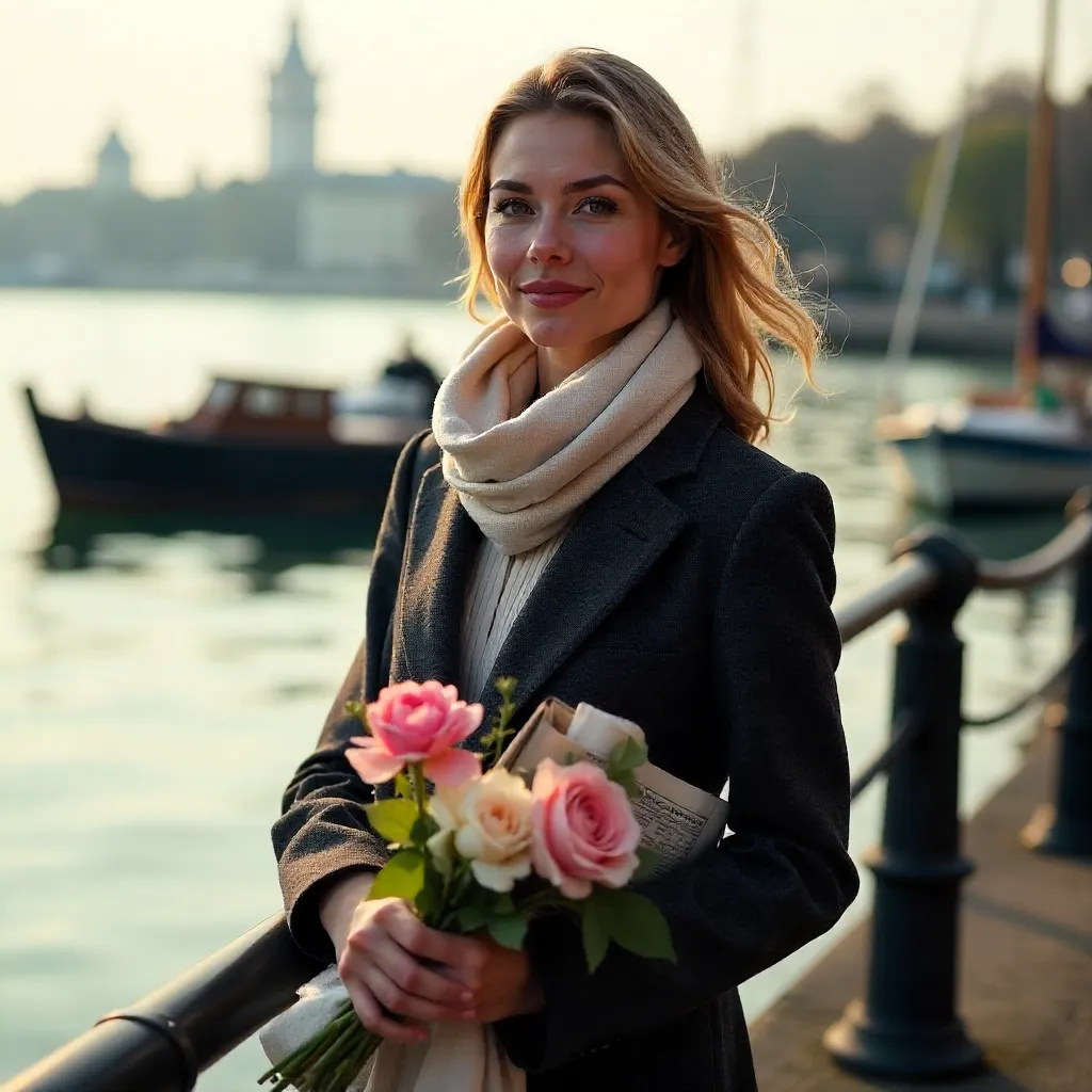 Stylish Woman by the Waterfront with Flowers and Newspaper