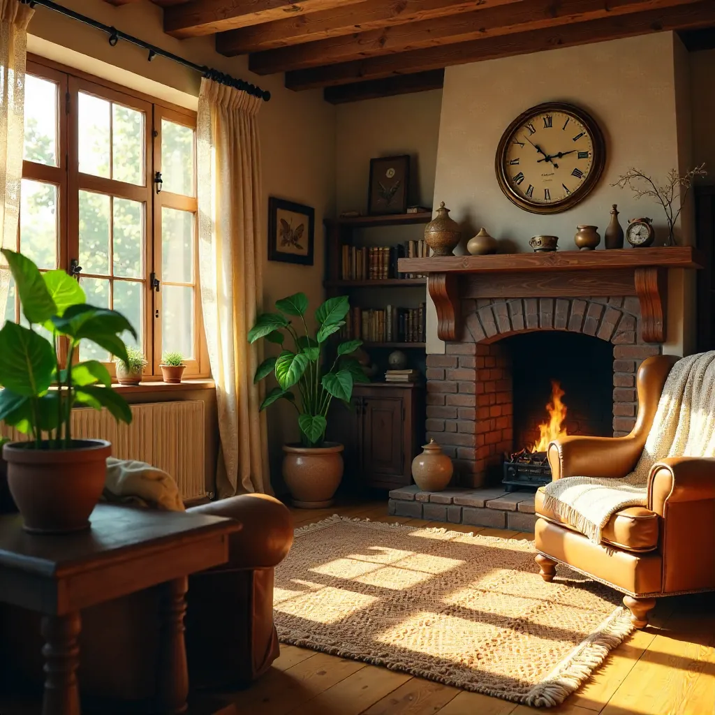 Cozy Vintage Rustic Interior with Lush Plant
